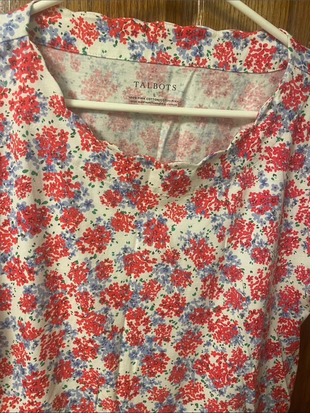 Talbots White Cotton Blouse with Red and Lavender Floral Print